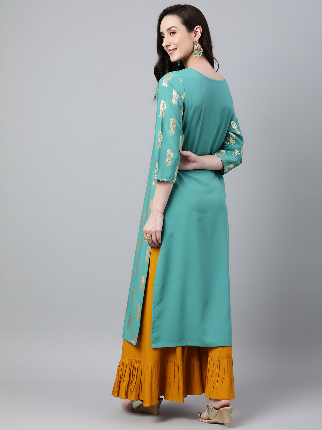 Janasya Women's Sea Green Crepe Floral Foil Print Casual Straight Kurta | Grocsy