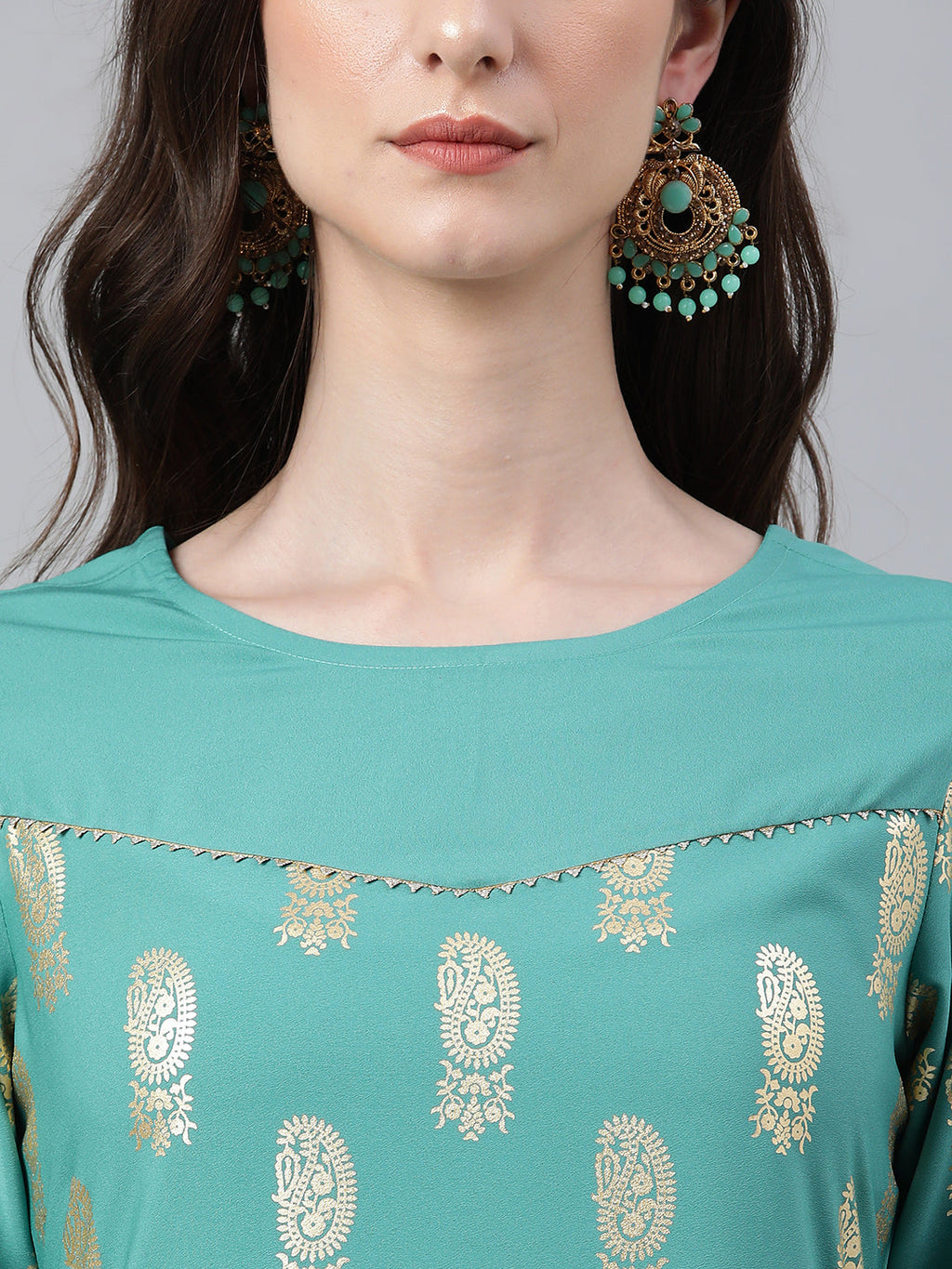Janasya Women's Sea Green Crepe Floral Foil Print Casual Straight Kurta | Grocsy