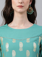 Janasya Women's Sea Green Crepe Floral Foil Print Casual Straight Kurta | Grocsy