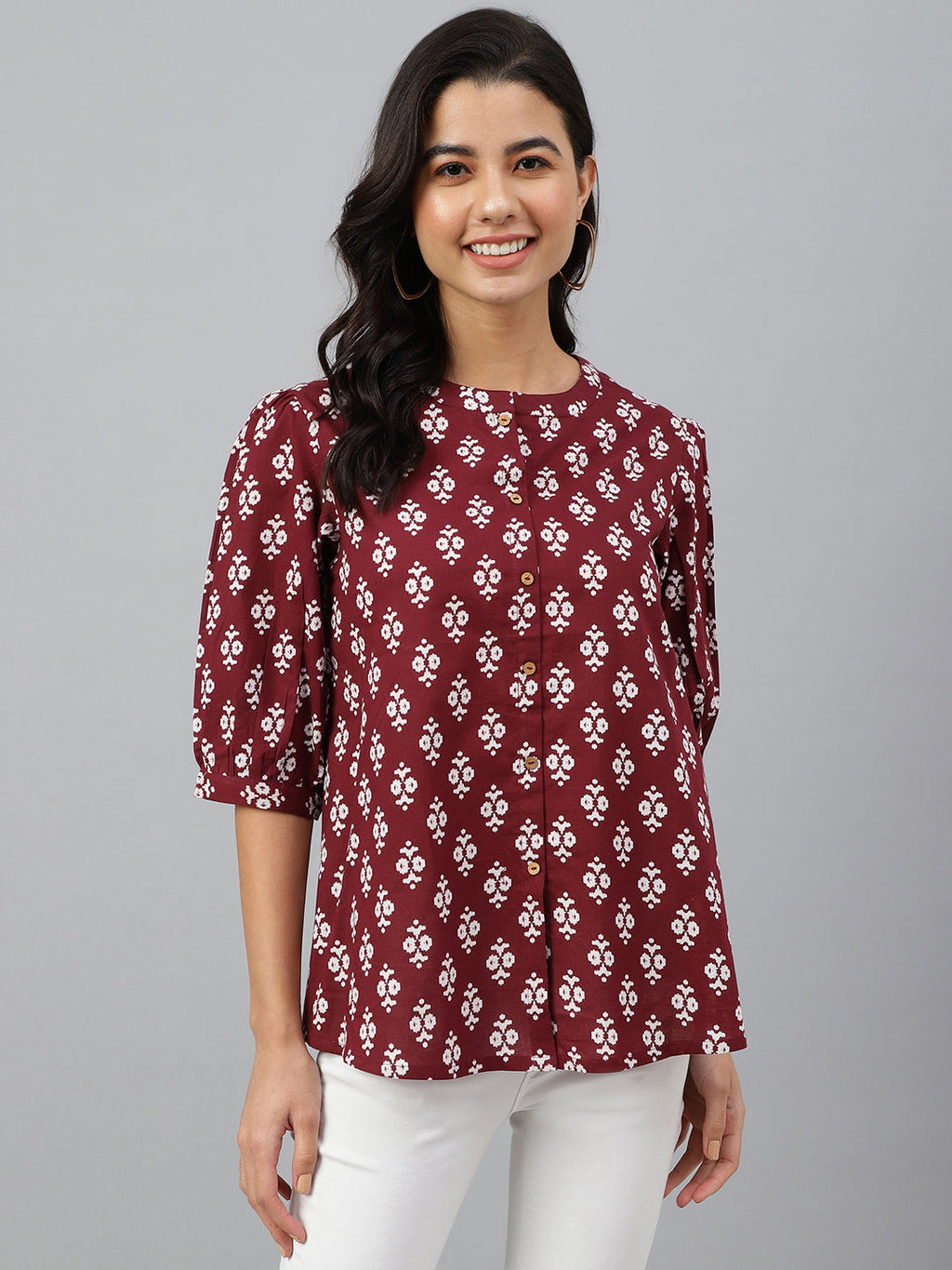 Janasya Women's Wine Cotton Ethnic Motifs A-line Top | Grocsy