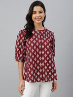 Janasya Women's Wine Cotton Ethnic Motifs A-line Top | Grocsy