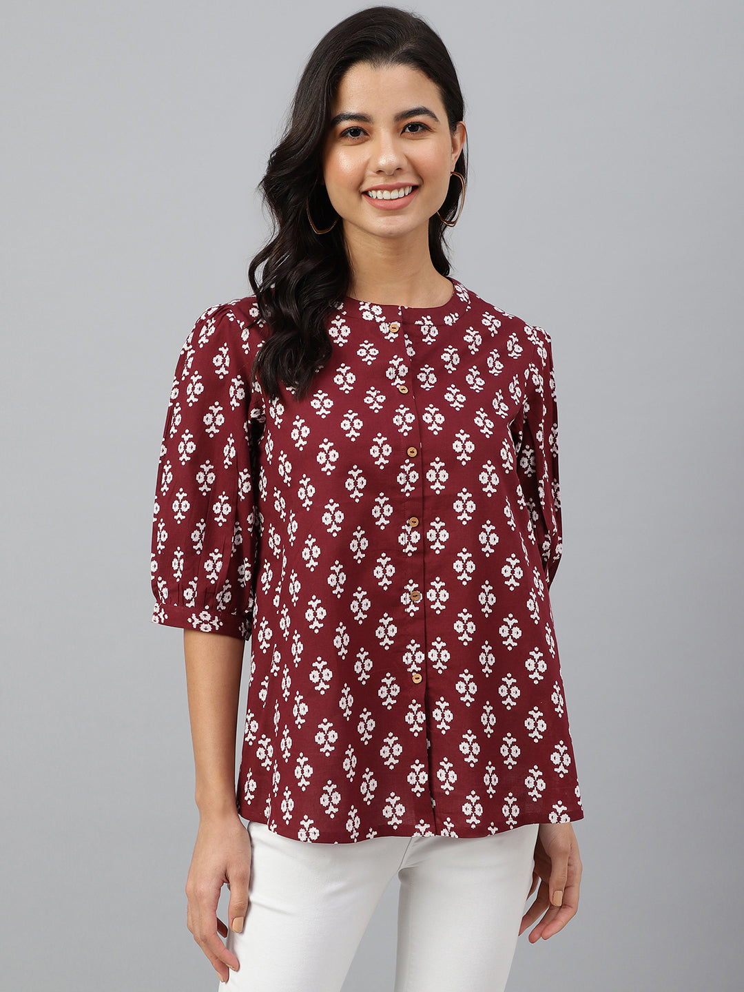 Janasya Women's Wine Cotton Ethnic Motifs A-line Top | Grocsy