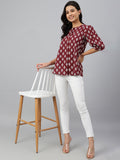 Janasya Women's Wine Cotton Ethnic Motifs A-line Top | Grocsy
