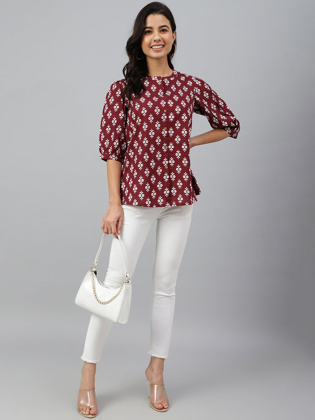 Janasya Women's Wine Cotton Ethnic Motifs A-line Top | Grocsy