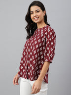 Janasya Women's Wine Cotton Ethnic Motifs A-line Top | Grocsy