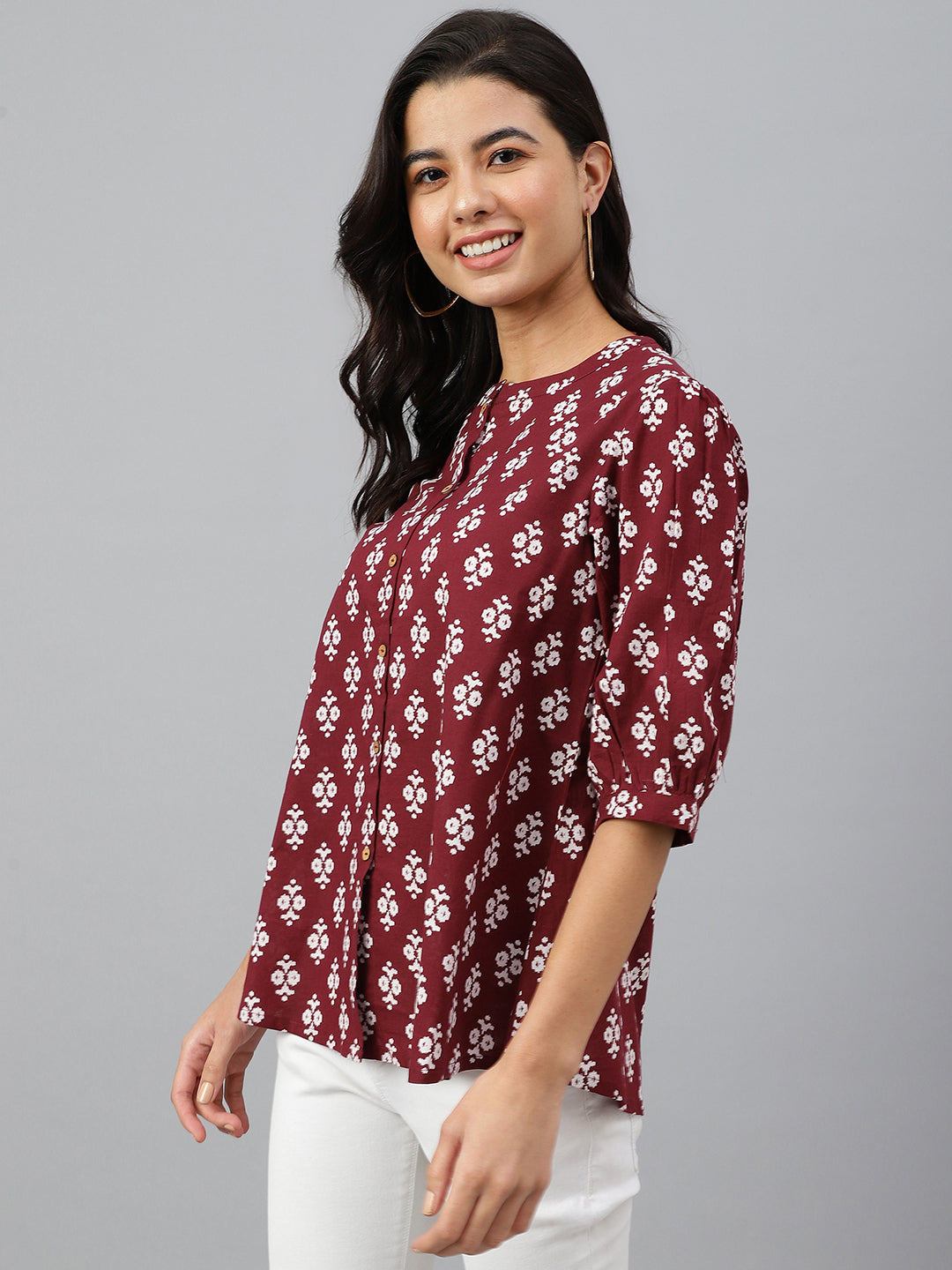 Janasya Women's Wine Cotton Ethnic Motifs A-line Top | Grocsy