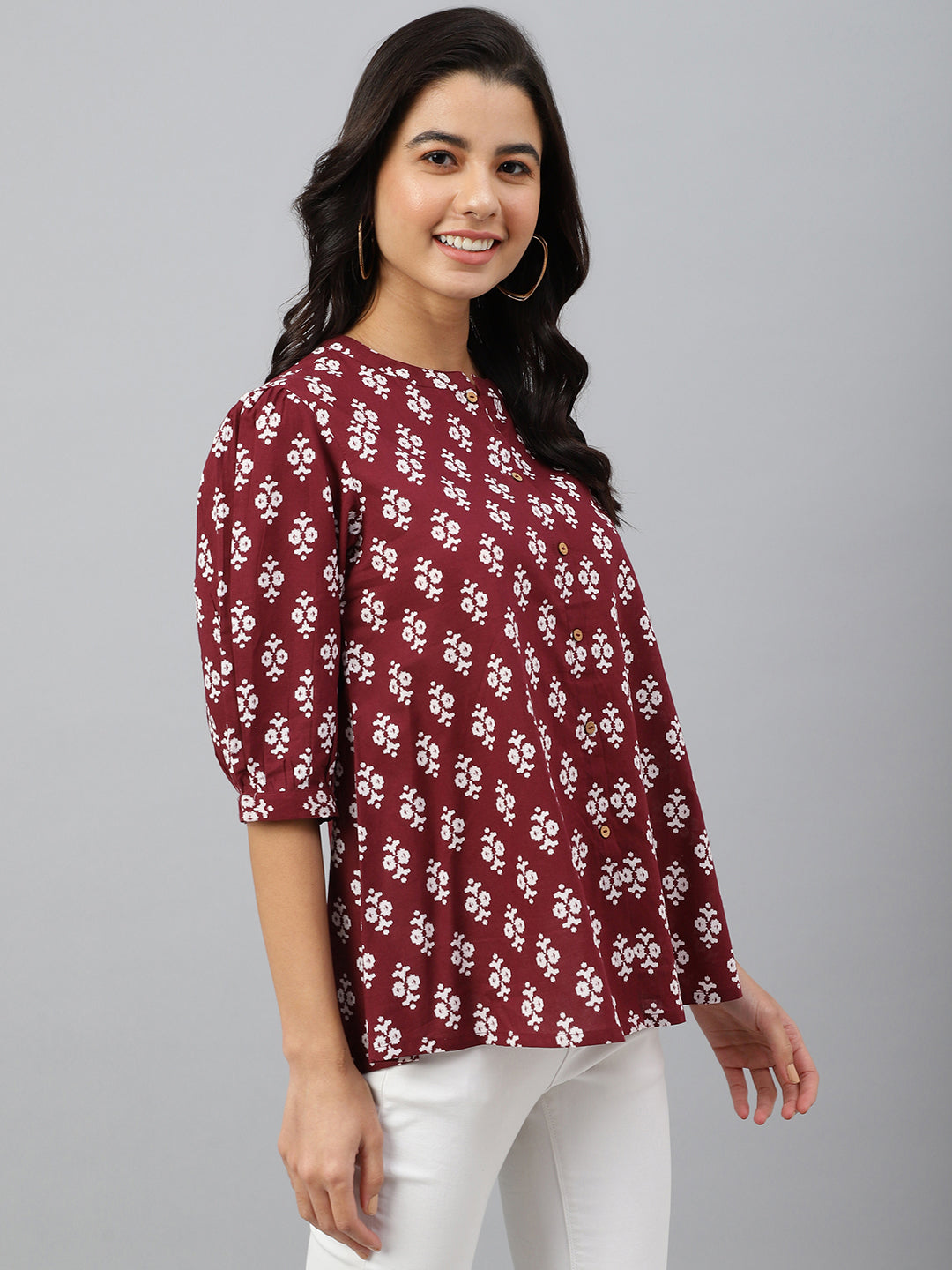 Janasya Women's Wine Cotton Ethnic Motifs A-line Top | Grocsy