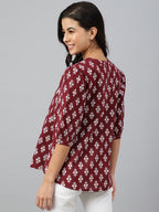 Janasya Women's Wine Cotton Ethnic Motifs A-line Top | Grocsy