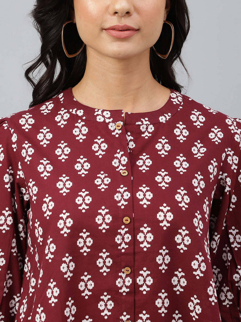 Janasya Women's Wine Cotton Ethnic Motifs A-line Top | Grocsy