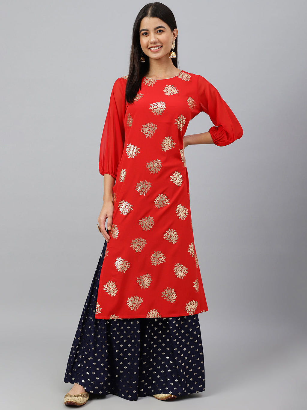 Indian Clothing Janasya Women's Red Crepe Floral Foil Print Casual Straight Kurta | Grocsy