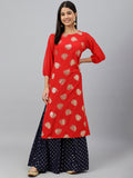 Indian Clothing Janasya Women's Red Crepe Floral Foil Print Casual Straight Kurta | Grocsy