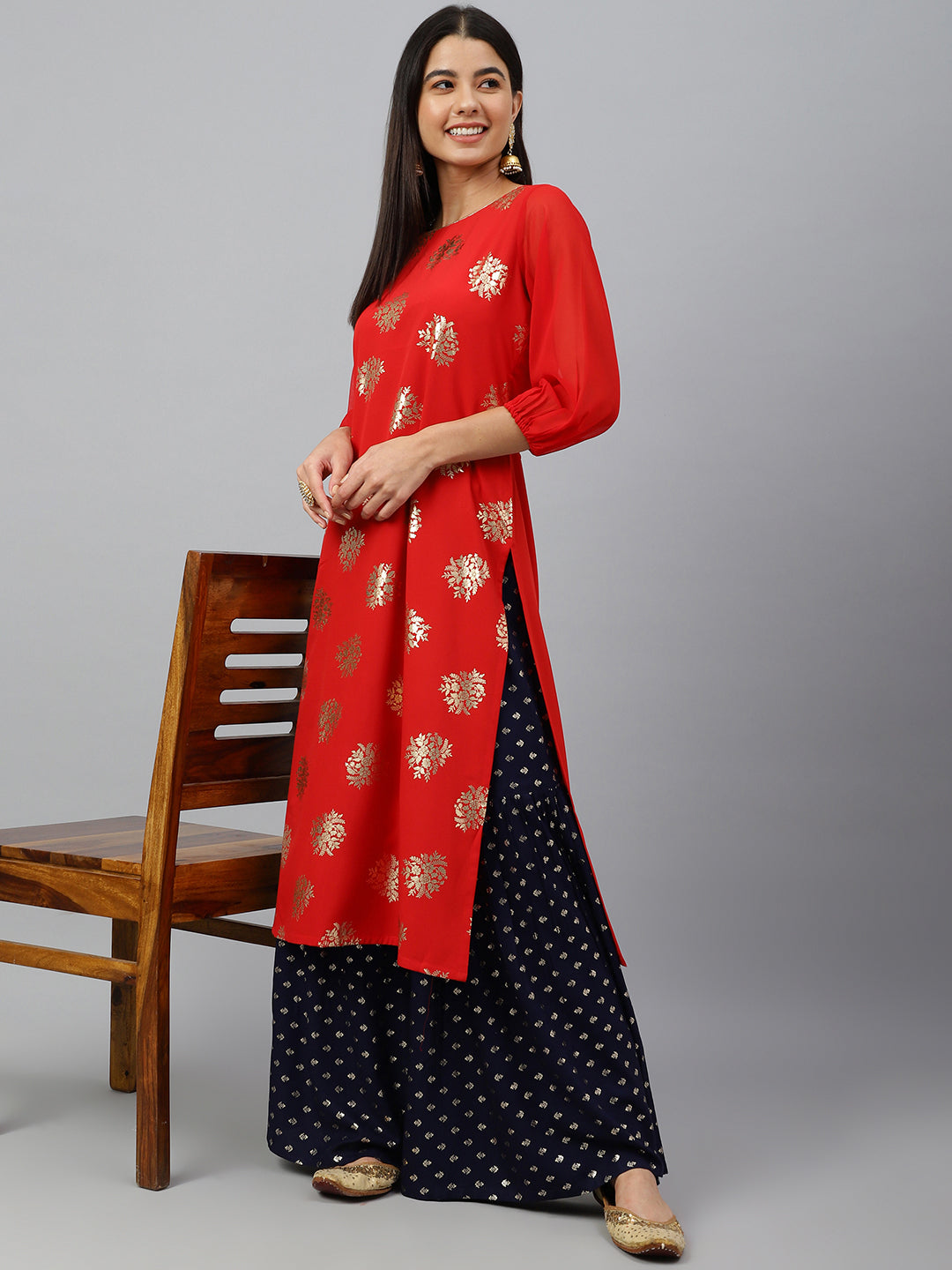 Indian Clothing Janasya Women's Red Crepe Floral Foil Print Casual Straight Kurta | Grocsy