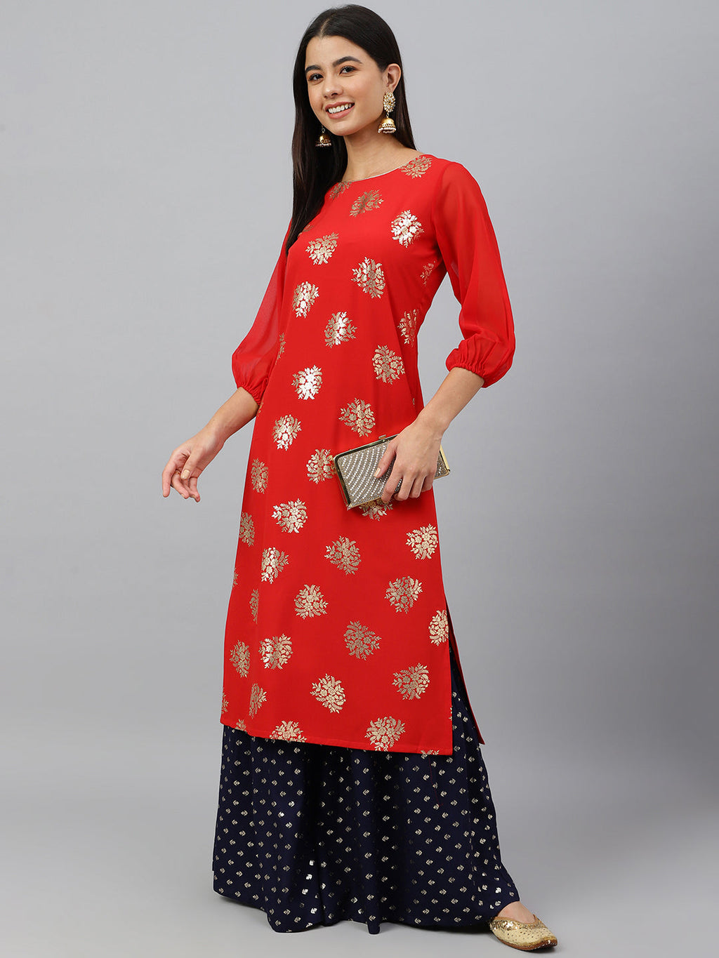 Indian Clothing Janasya Women's Red Crepe Floral Foil Print Casual Straight Kurta | Grocsy