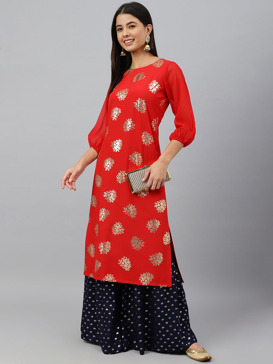 Indian Clothing Janasya Women's Red Crepe Floral Foil Print Casual Straight Kurta | Grocsy