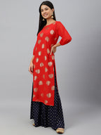 Indian Clothing Janasya Women's Red Crepe Floral Foil Print Casual Straight Kurta | Grocsy
