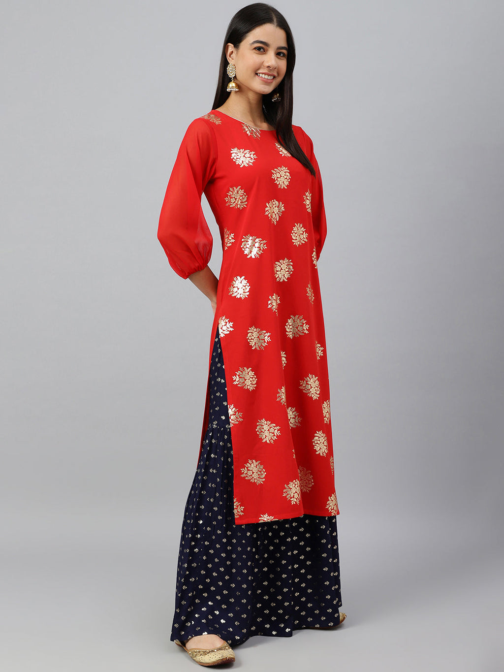 Indian Clothing Janasya Women's Red Crepe Floral Foil Print Casual Straight Kurta | Grocsy