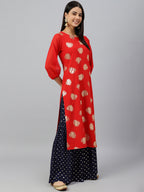 Indian Clothing Janasya Women's Red Crepe Floral Foil Print Casual Straight Kurta | Grocsy