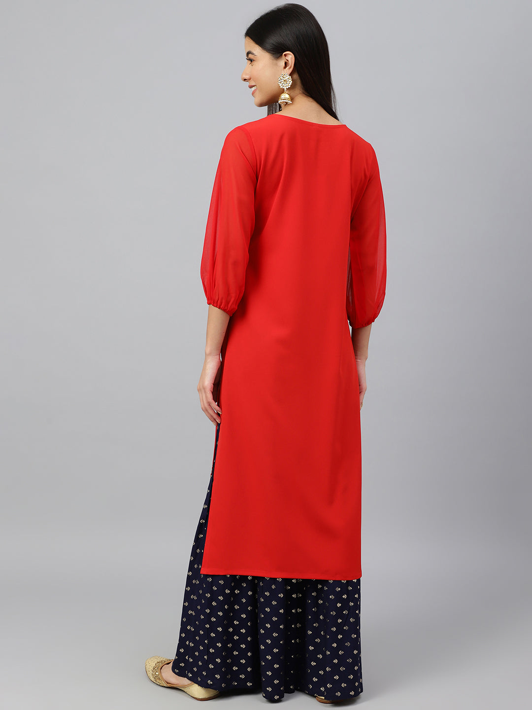 Indian Clothing Janasya Women's Red Crepe Floral Foil Print Casual Straight Kurta | Grocsy