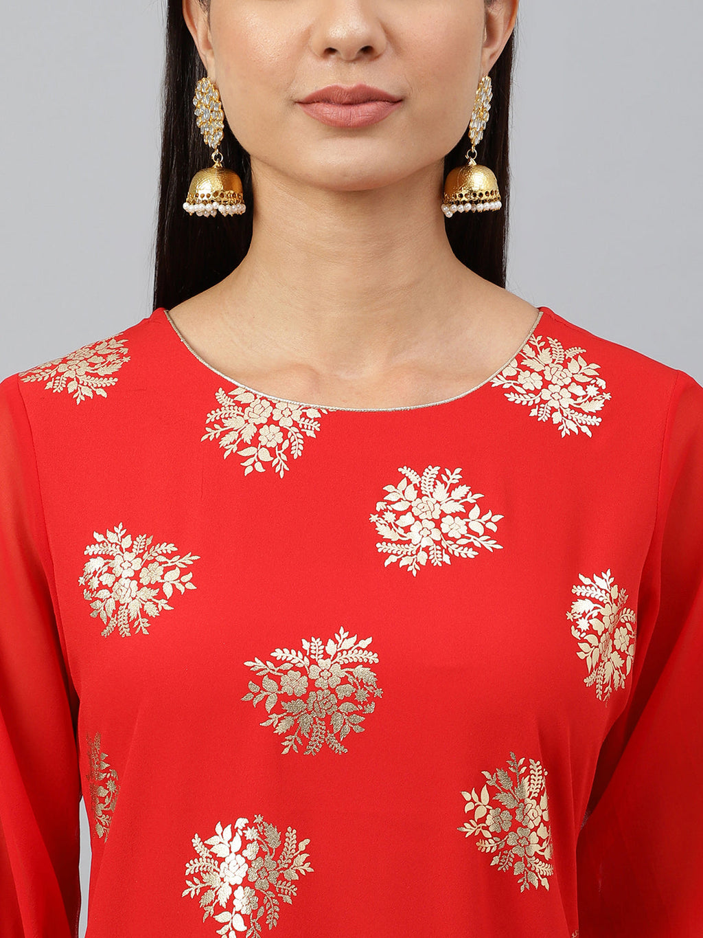 Indian Clothing Janasya Women's Red Crepe Floral Foil Print Casual Straight Kurta | Grocsy