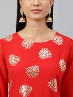 Indian Clothing Janasya Women's Red Crepe Floral Foil Print Casual Straight Kurta | Grocsy