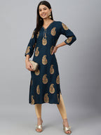 Janasya Women's Teal Blue Rayon Paisley Foil Print Casual Straight Kurta | Grocsy