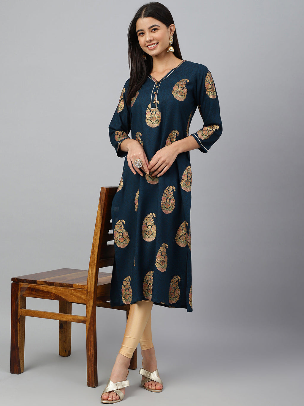 Janasya Women's Teal Blue Rayon Paisley Foil Print Casual Straight Kurta | Grocsy
