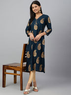 Janasya Women's Teal Blue Rayon Paisley Foil Print Casual Straight Kurta | Grocsy