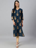 Janasya Women's Teal Blue Rayon Paisley Foil Print Casual Straight Kurta | Grocsy