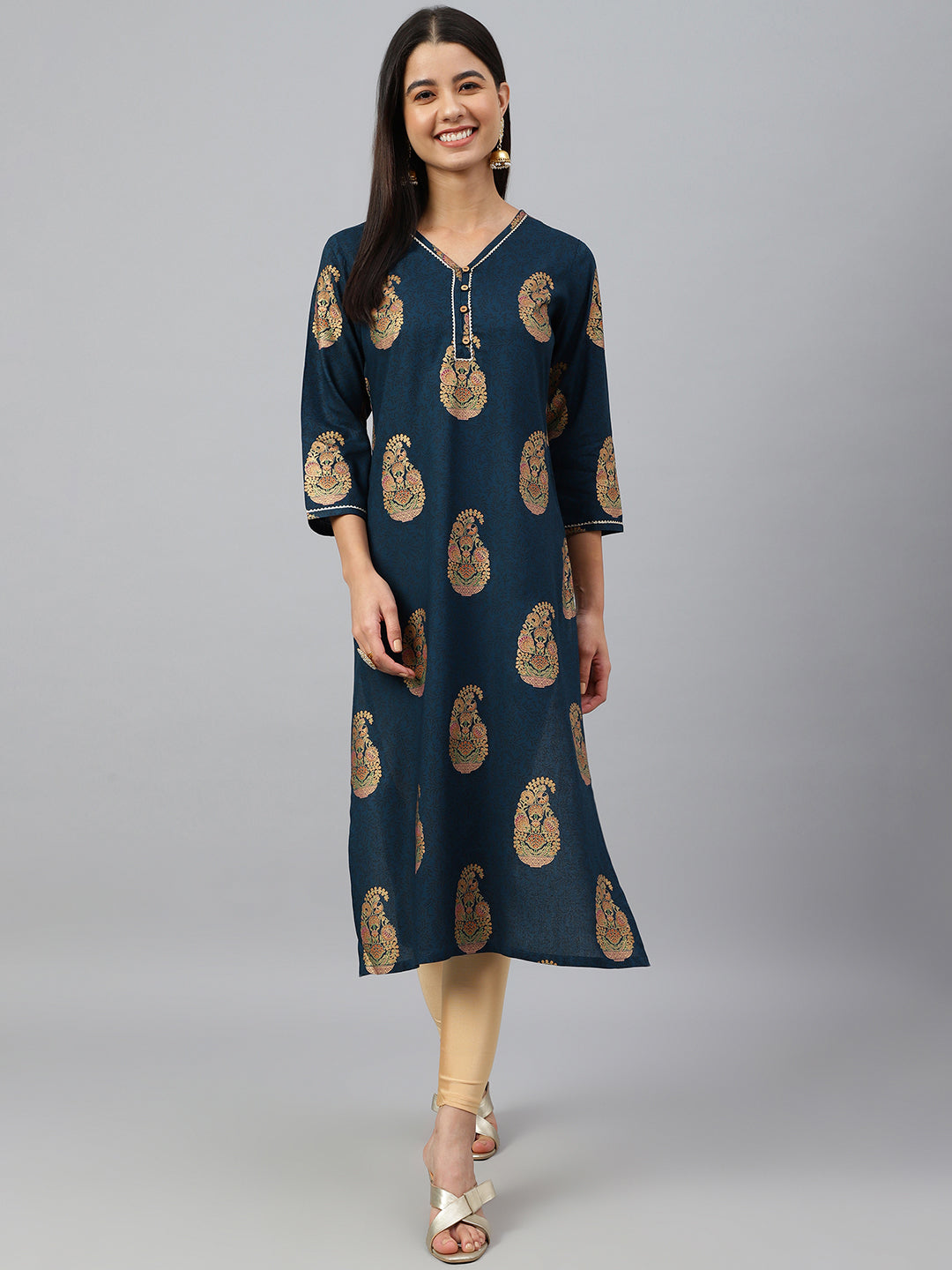 Janasya Women's Teal Blue Rayon Paisley Foil Print Casual Straight Kurta | Grocsy