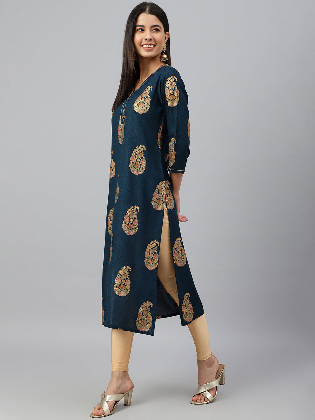 Janasya Women's Teal Blue Rayon Paisley Foil Print Casual Straight Kurta | Grocsy