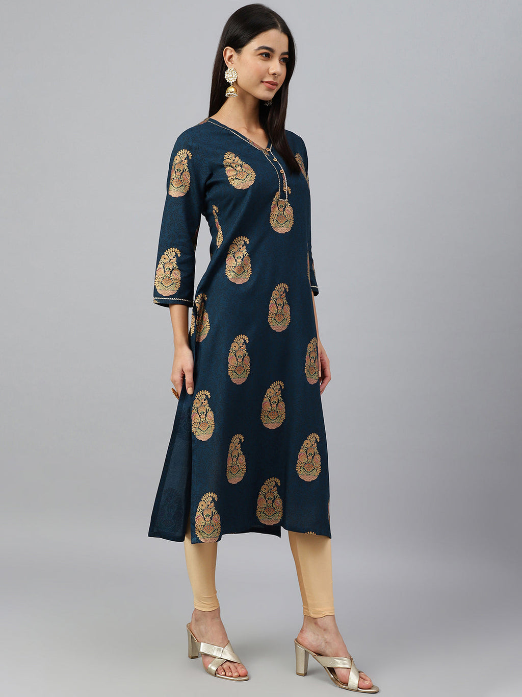 Janasya Women's Teal Blue Rayon Paisley Foil Print Casual Straight Kurta | Grocsy
