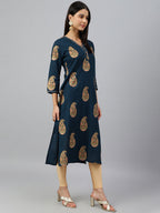 Janasya Women's Teal Blue Rayon Paisley Foil Print Casual Straight Kurta | Grocsy
