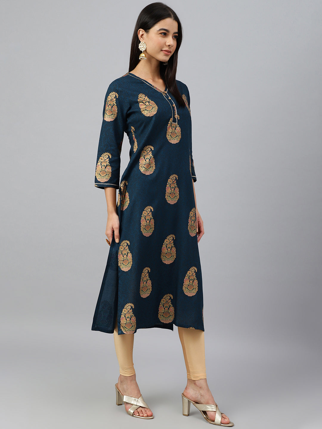 Janasya Women's Teal Blue Rayon Paisley Foil Print Casual Straight Kurta | Grocsy