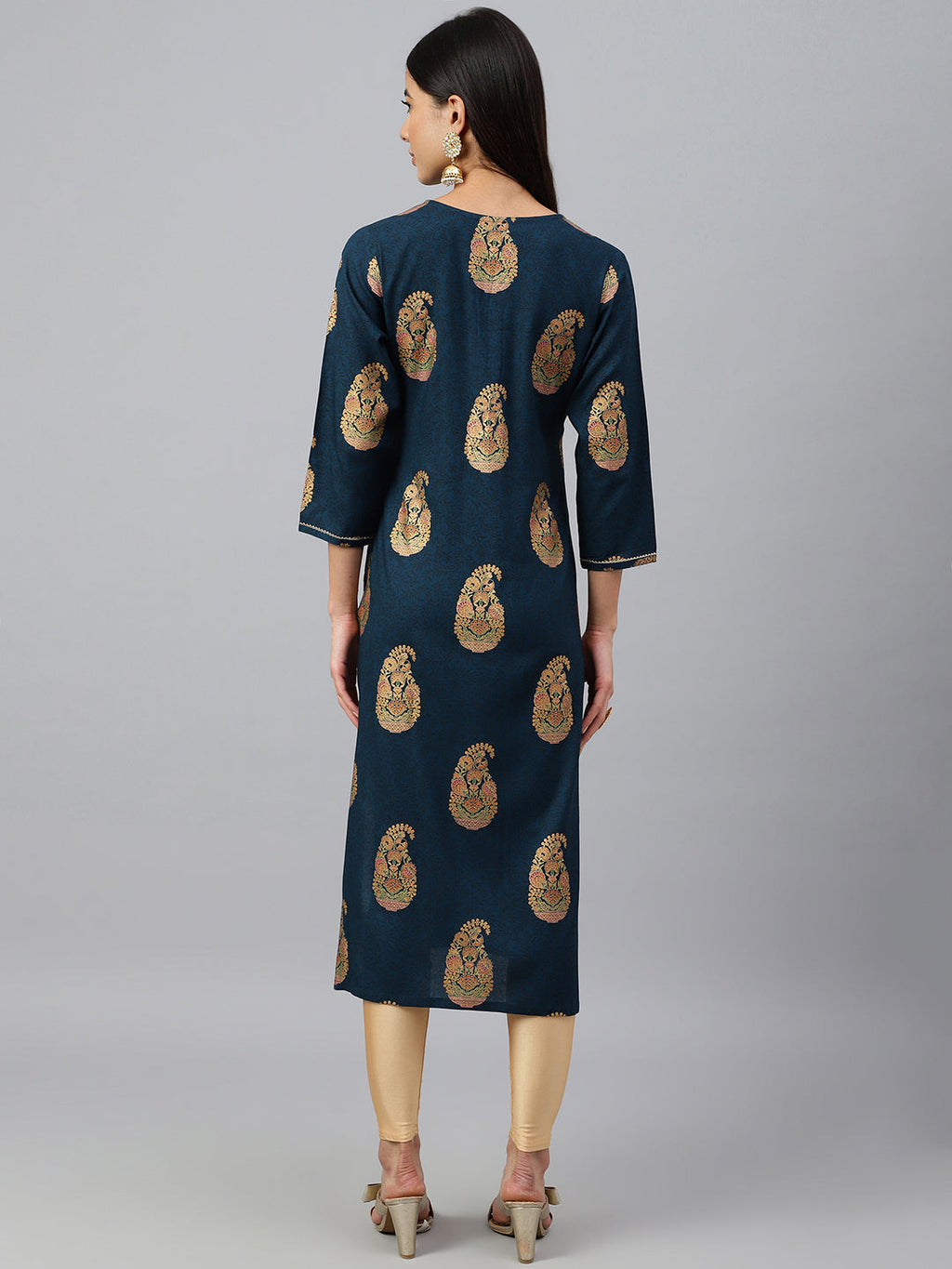 Janasya Women's Teal Blue Rayon Paisley Foil Print Casual Straight Kurta | Grocsy