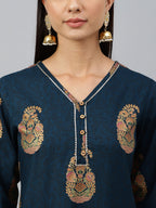 Janasya Women's Teal Blue Rayon Paisley Foil Print Casual Straight Kurta | Grocsy
