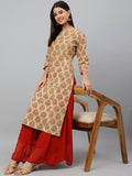 Janasya Women's Beige Cotton Ethnic motifs Casual Straight Kurta | Grocsy