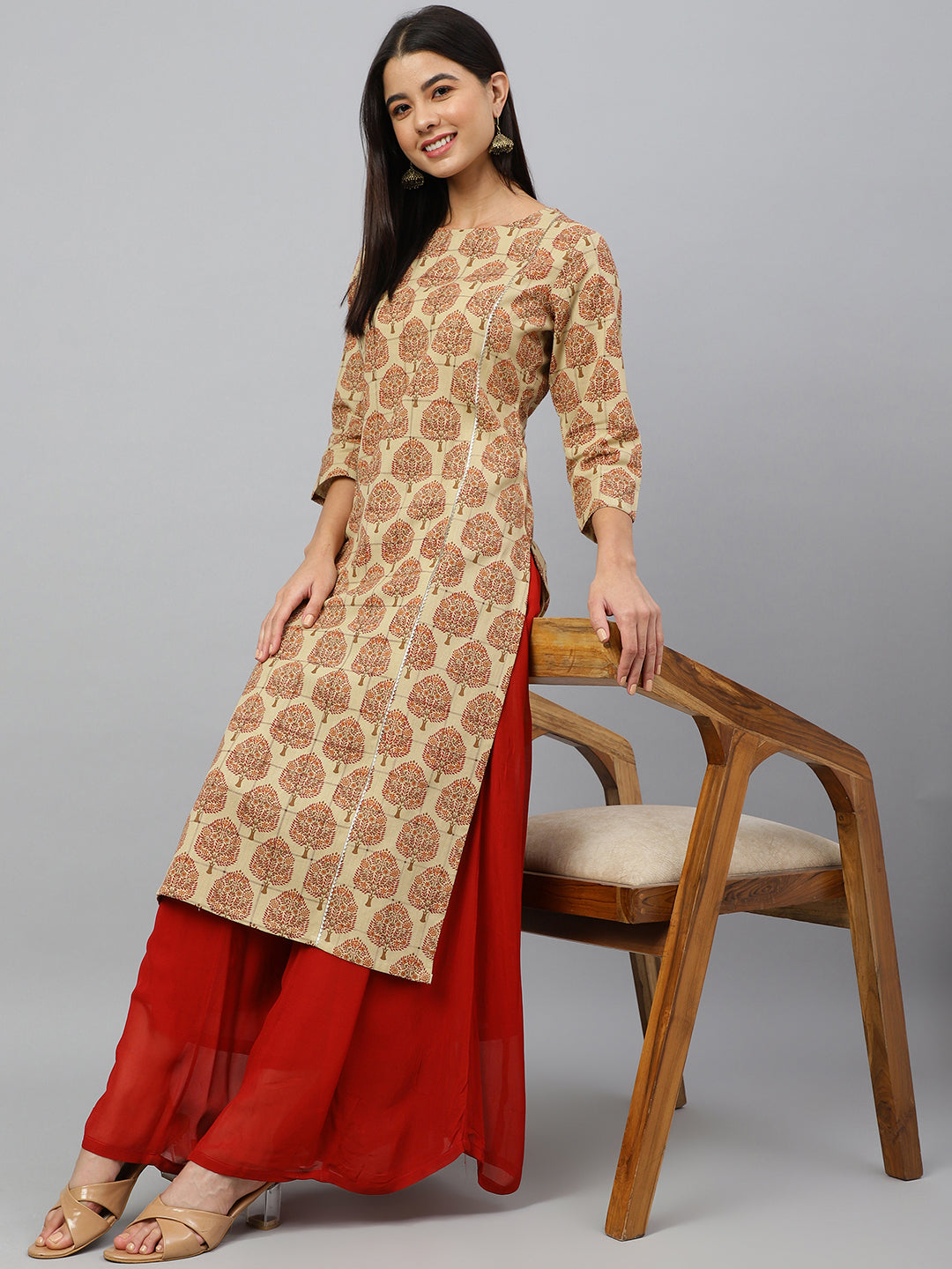 Janasya Women's Beige Cotton Ethnic motifs Casual Straight Kurta | Grocsy