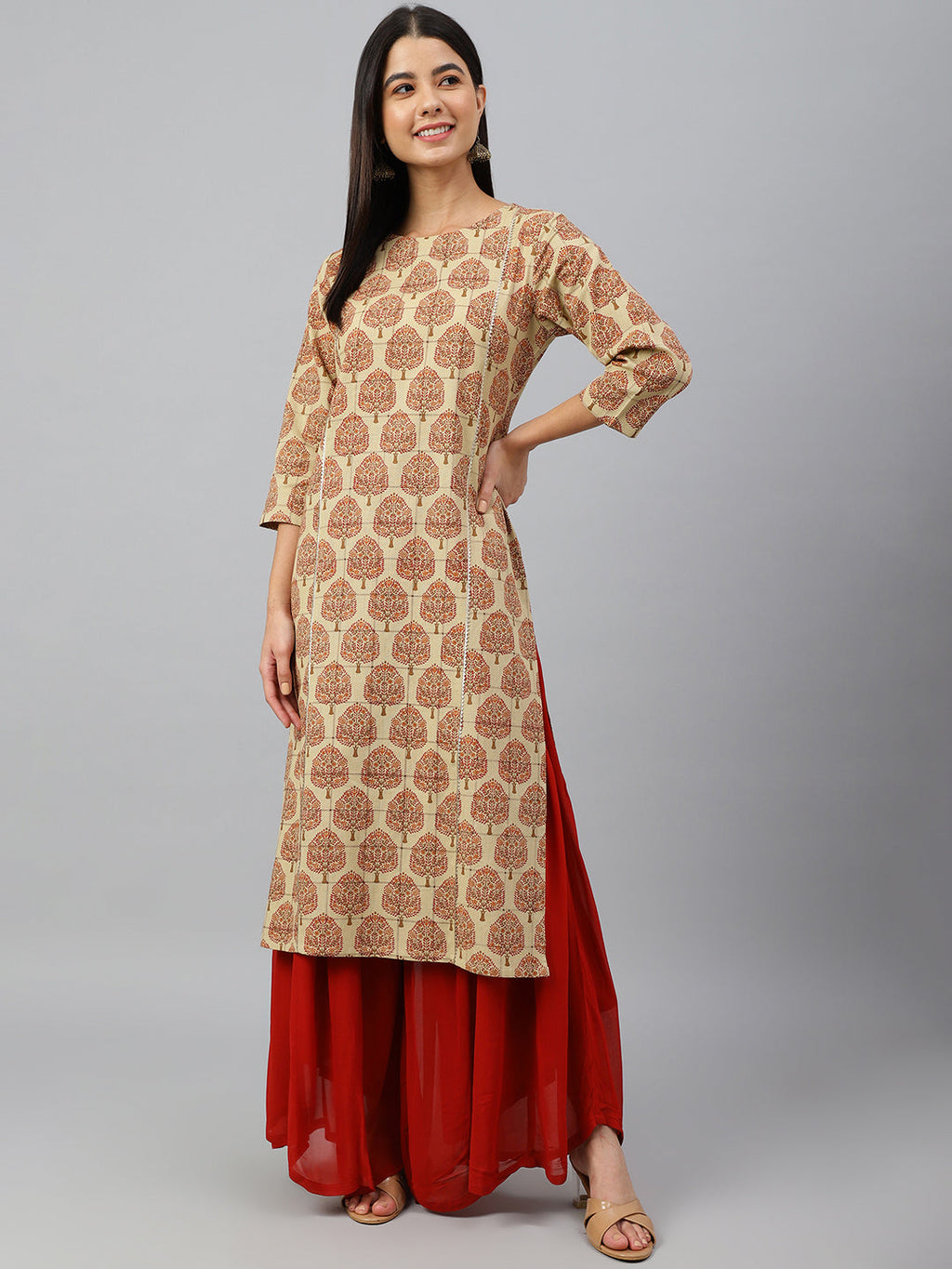 Janasya Women's Beige Cotton Ethnic motifs Casual Straight Kurta | Grocsy
