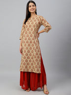 Janasya Women's Beige Cotton Ethnic motifs Casual Straight Kurta | Grocsy