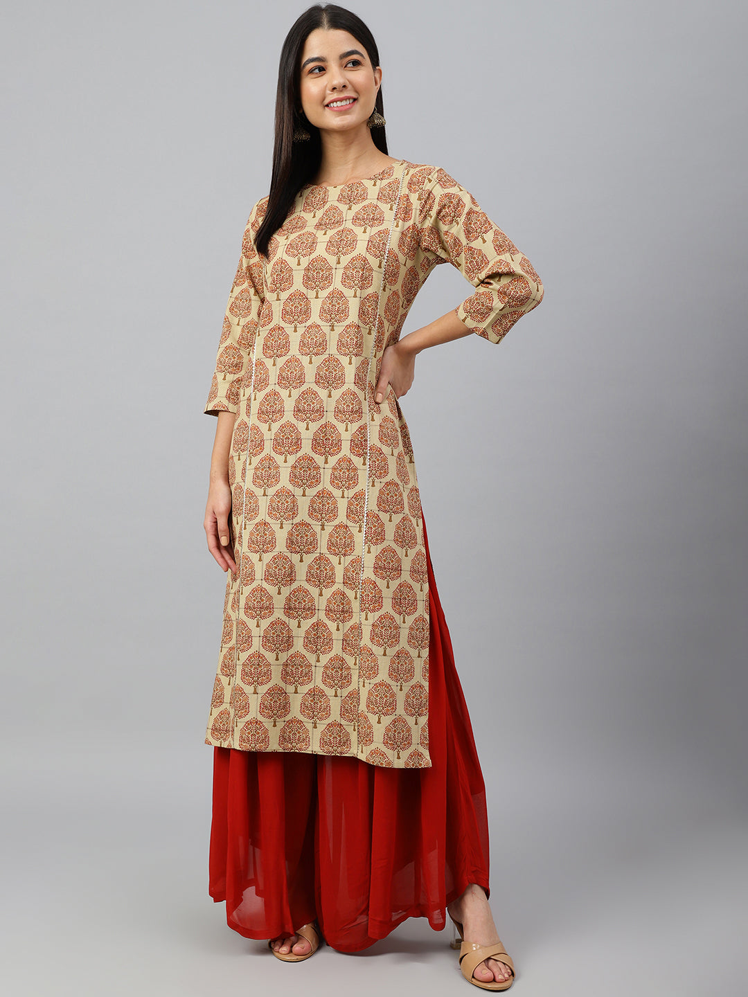 Janasya Women's Beige Cotton Ethnic motifs Casual Straight Kurta | Grocsy