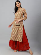 Janasya Women's Beige Cotton Ethnic motifs Casual Straight Kurta | Grocsy