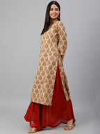 Janasya Women's Beige Cotton Ethnic motifs Casual Straight Kurta | Grocsy