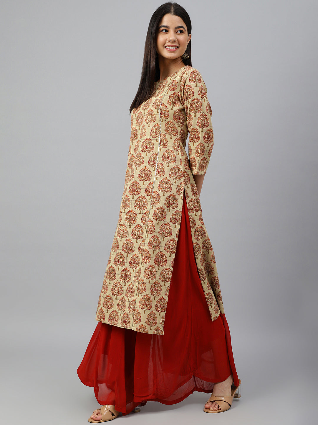 Janasya Women's Beige Cotton Ethnic motifs Casual Straight Kurta | Grocsy