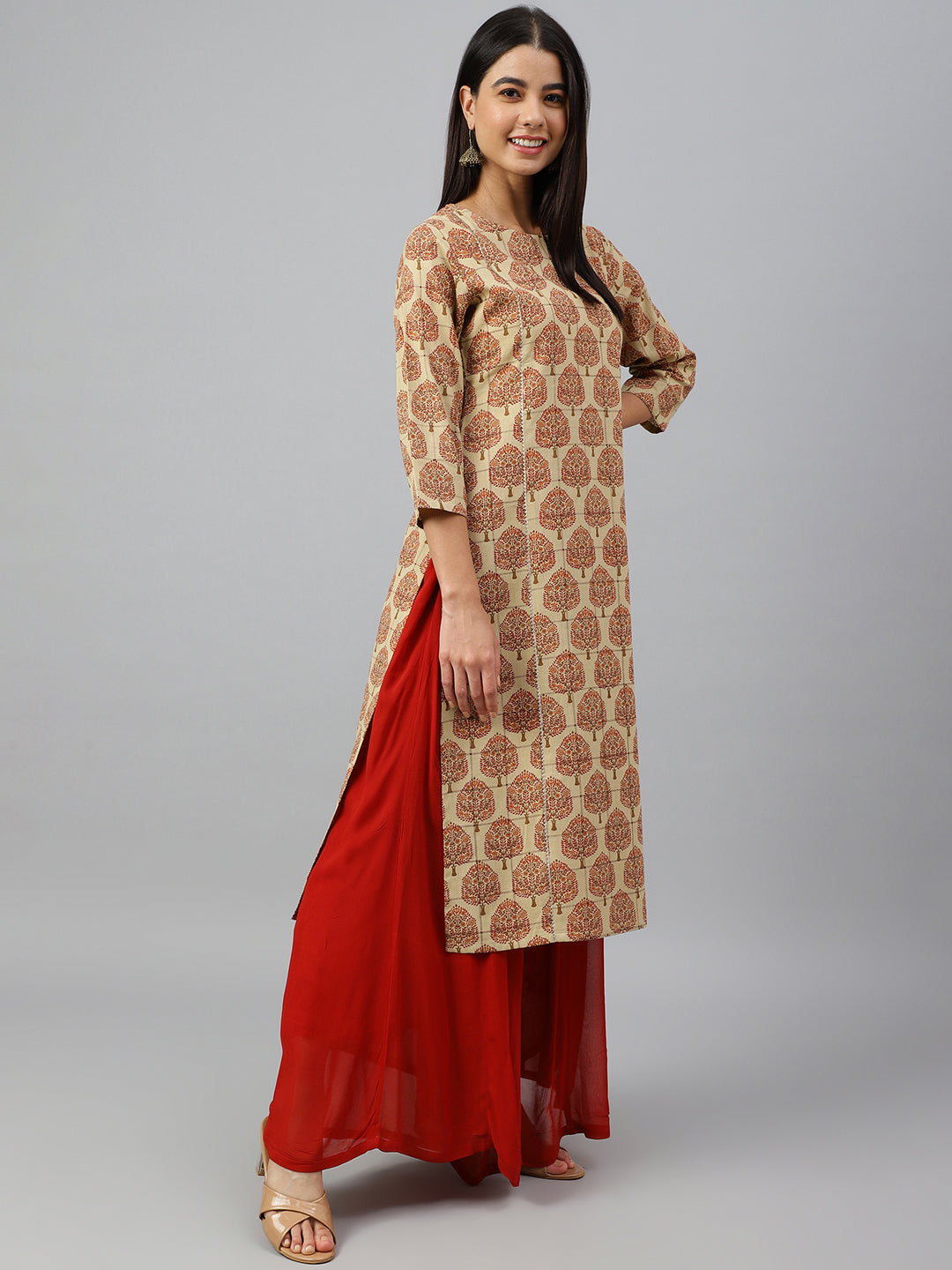 Janasya Women's Beige Cotton Ethnic motifs Casual Straight Kurta | Grocsy
