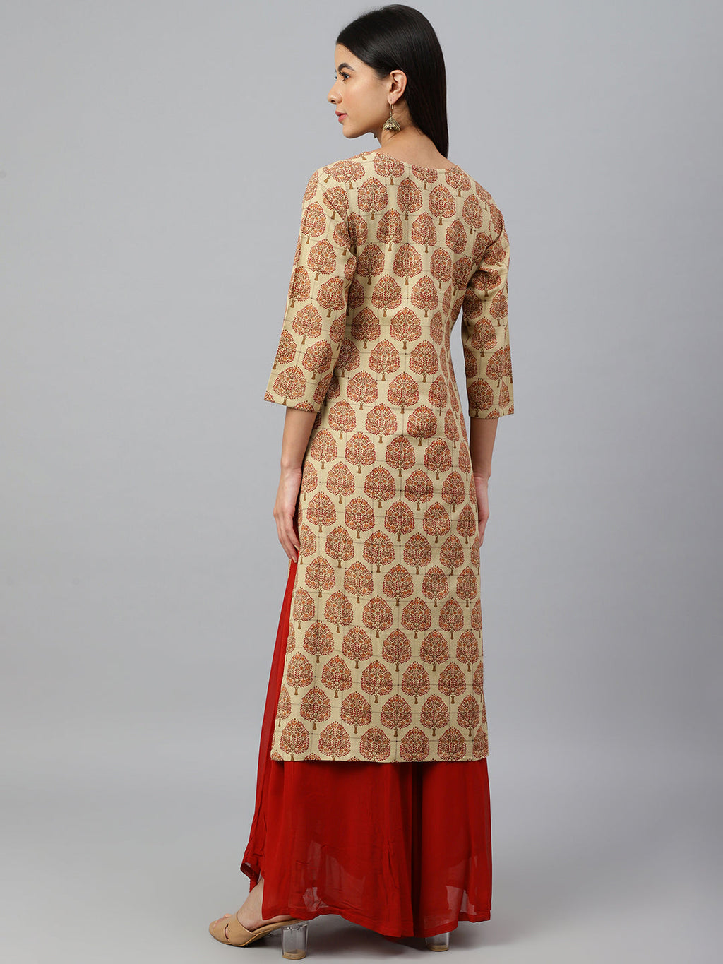 Janasya Women's Beige Cotton Ethnic motifs Casual Straight Kurta | Grocsy