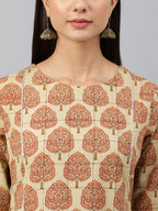 Janasya Women's Beige Cotton Ethnic motifs Casual Straight Kurta | Grocsy