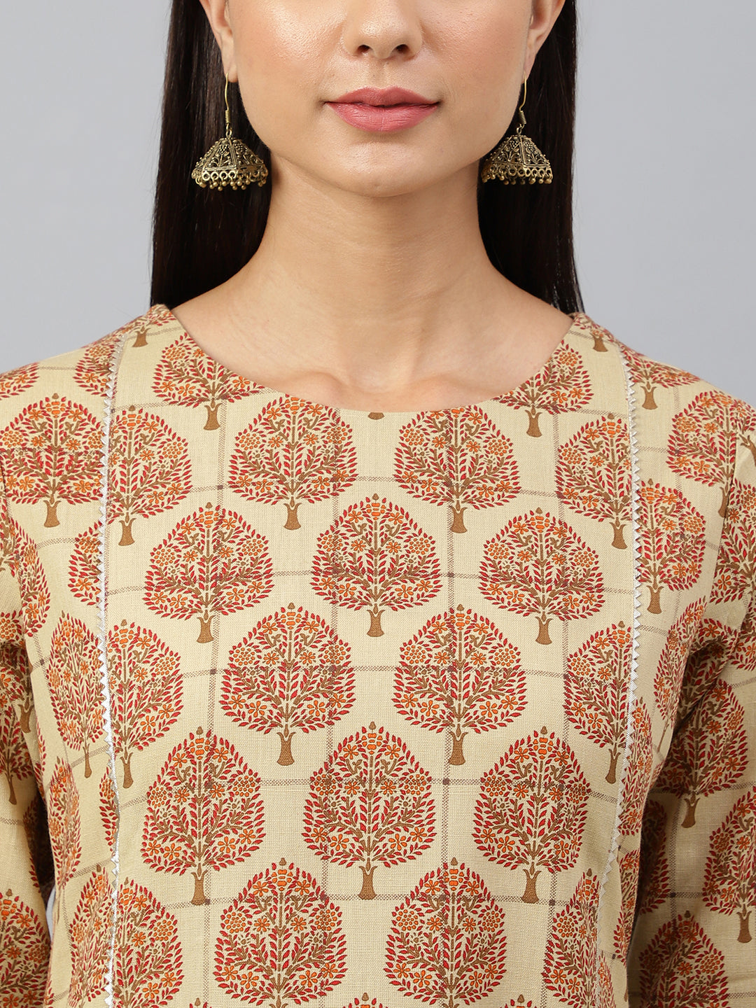 Janasya Women's Beige Cotton Ethnic motifs Casual Straight Kurta | Grocsy