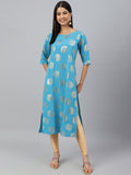 Janasya Women's Sky Blue Crepe Foil Print Casual Straight Kurta | Grocsy