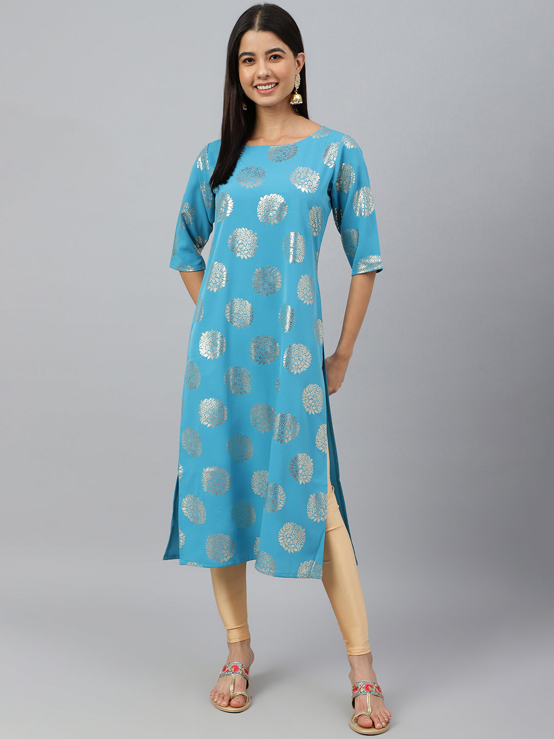 Janasya Women's Sky Blue Crepe Foil Print Casual Straight Kurta | Grocsy
