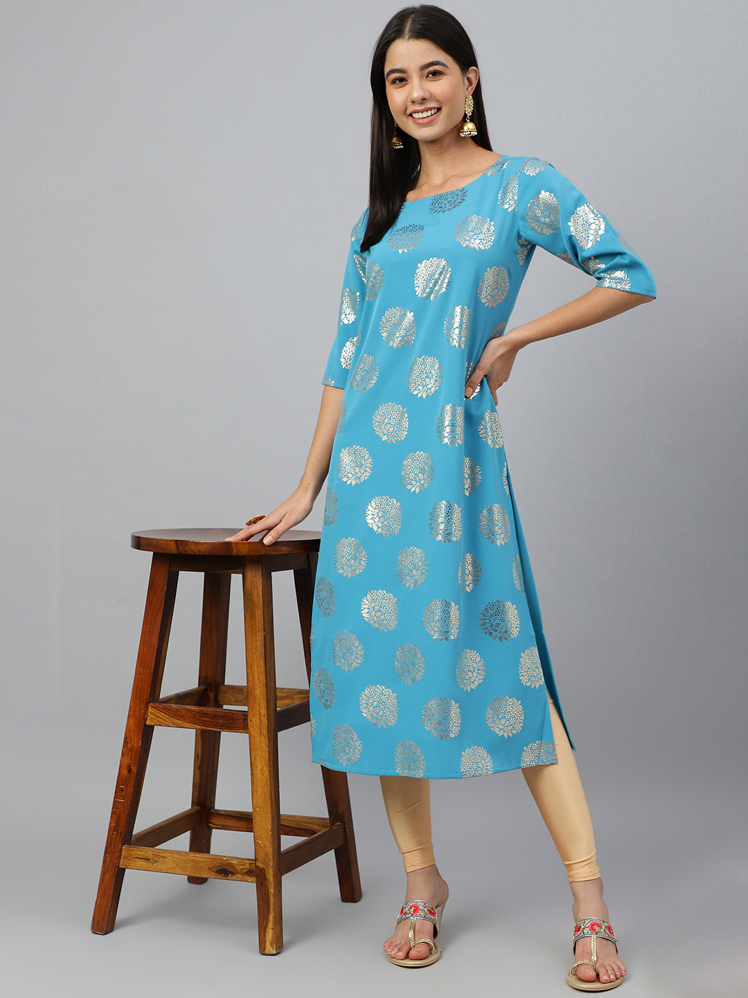 Janasya Women's Sky Blue Crepe Foil Print Casual Straight Kurta | Grocsy